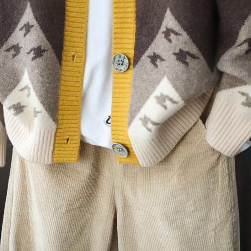 Color Matching Jacquard Knitted Sweater Cardigan Casual Versatile Knitted Sweater Jacket V-neck Long-sleeved Warm Retro Style