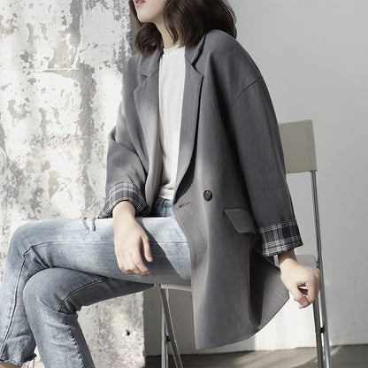 Gray Suit Jacket Design Sense Temperament Casual Loose Women's Casual Suit Jacket Long Section of Small Suit British Style