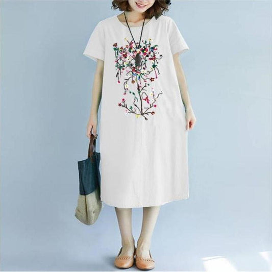 Women's Retro Loose Mid-length Dress O-neck Short-sleeved Loose Slimming Ethnic Style Covering Belly Fat Sister Loose Casual Dress