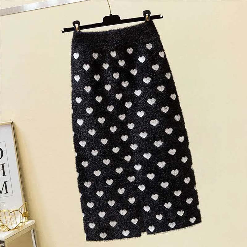 Women's Autumn and Winter Fashion Imitation Mink Velvet Bag Hip Skirt Large Size High Waist Knitted Skirt Mid-length Slim Printed Skirt