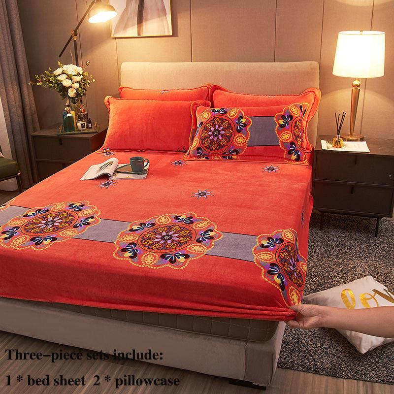 Warm Coral Velvet Bed Three-piece Bed Cover All-inclusive Printing Protective Cover Home Double Bed Set