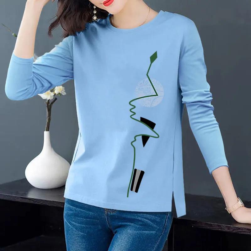 Spring Women T-shirts Simple Face Print Pullovers Long Sleeves Bottoming Shirts Casual Slit Top