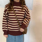 Pofulove 2 Colors High-Collar Over Size Sweet Hit Color Striped Girly Lantern Cuffs Pullover Sweater