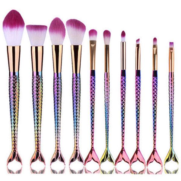 Brush 10pcs Mermaid Tail Power Foundation Makeup Brushes Set Plaid Case Bag Portable Travel
