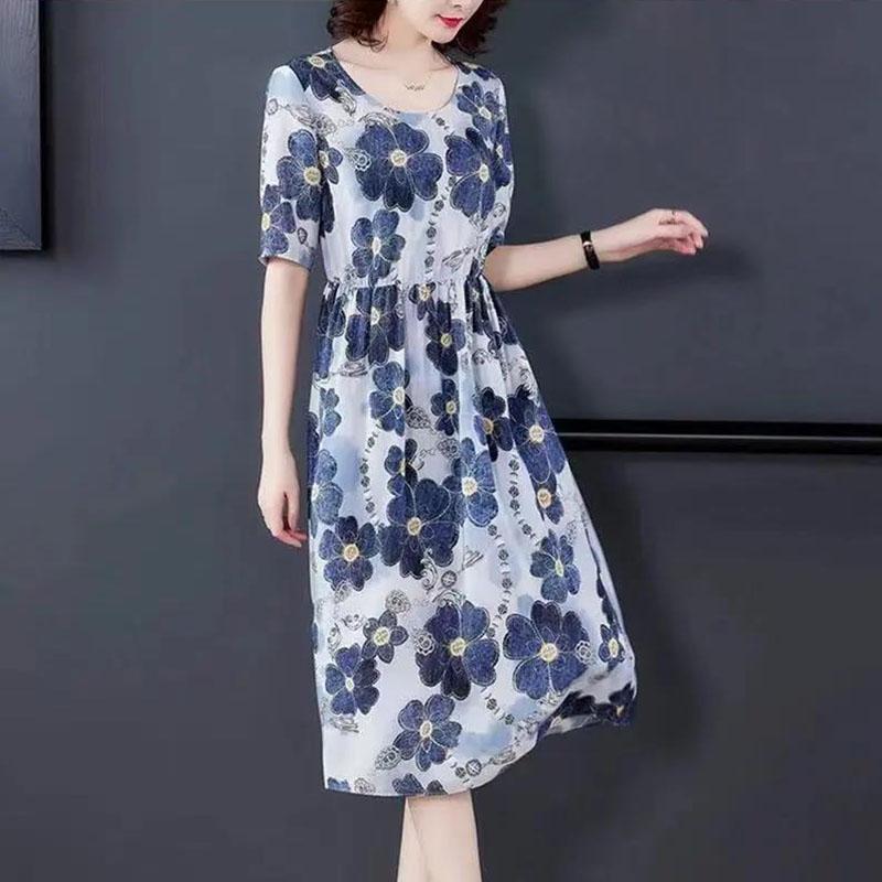 Women's Slim A-line Skirt Summer Short Sleeve Mid Length Floral Large Size Dress