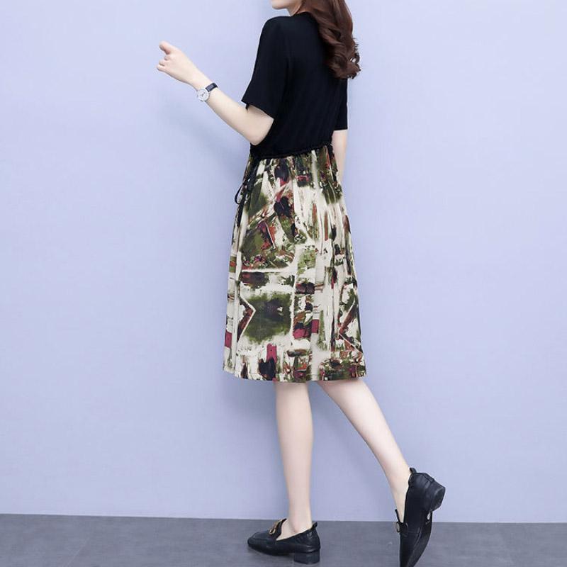 Women's Fake Two-piece Dress Spring Summer Chiffon Print Short Skirt Pocket Long Black Slim Casual Dress