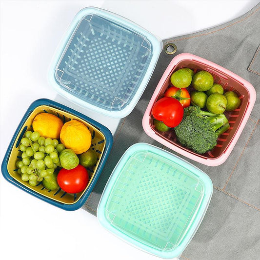 Double-layer Drain Box Refrigerator Multi-function Household Kitchen Vegetable and Fruit Drain Basket Plastic Vegetable Sink with Lid