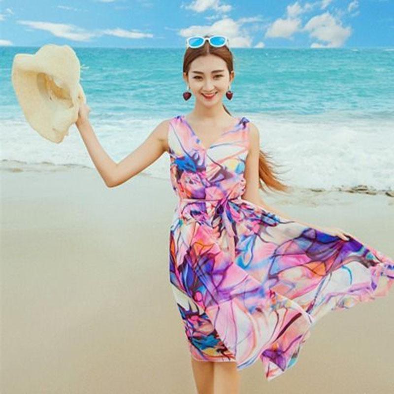 Fashion Bohemia Chiffon Printed Dress Midi V-neck Travel Vacation  Beach Dress Sleeveless Sundress