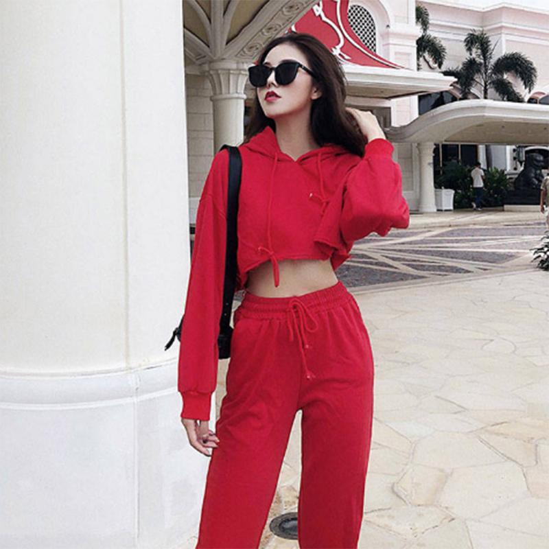 Solid Color Suit Female Student Loose Hooded Pullover Casual Sports Short Top Two-piece Spring and Autumn Suit