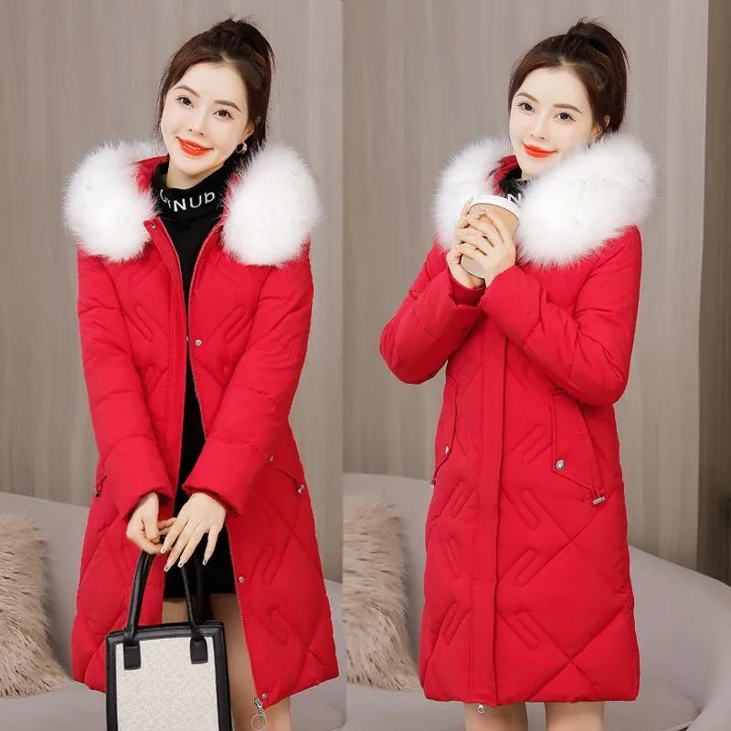 Winter Women's Long Jacket Casual Warm Coat Hooded Fur Collar Slim Padded Jackets Outwear Solid Color Zipper White Balck