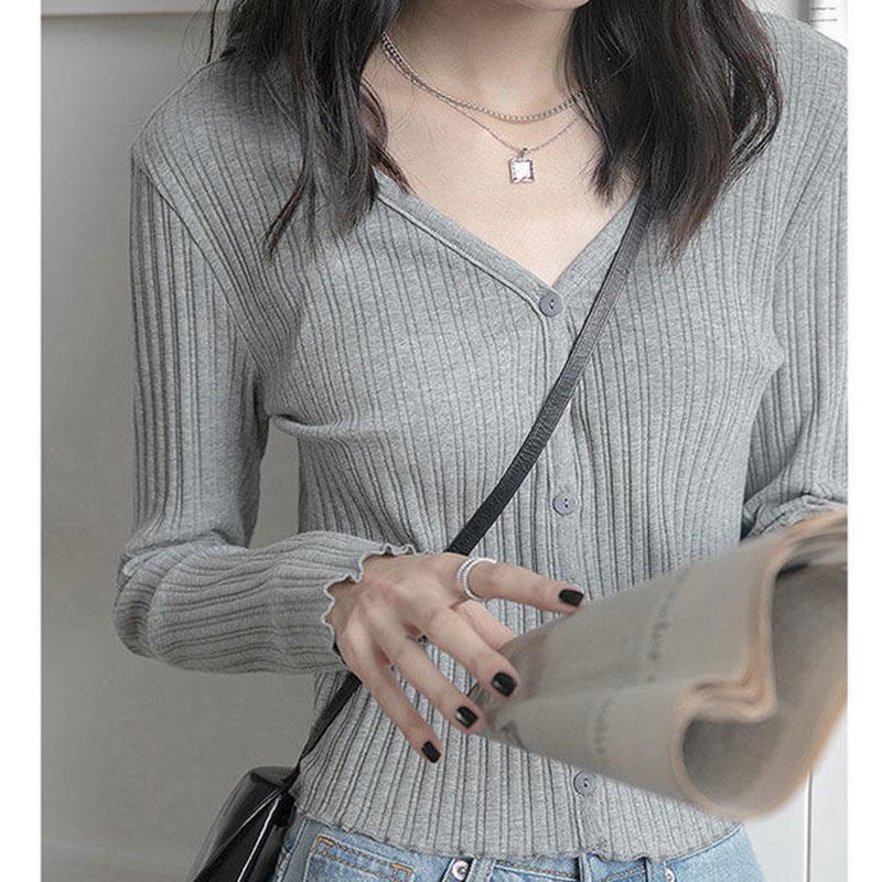 Autumn Korean Cardigan Top V-neck Knit Jacket Short Long Sleeve Striped Young Women Sweater