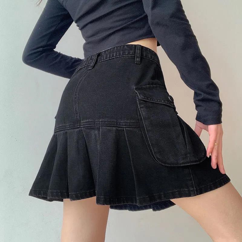 High Waist Versatile Ultra Short A-Line Skirt Spring Retro Denim Pleated Skirt