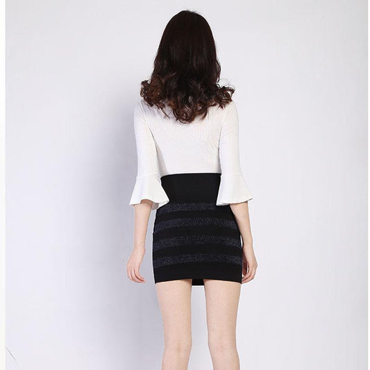 Autumn Winter Women Sexy Bodycon Skirt High Waist Stretch Knit Tight-fitting Skirt Bright Silk Striped Mini Skirt