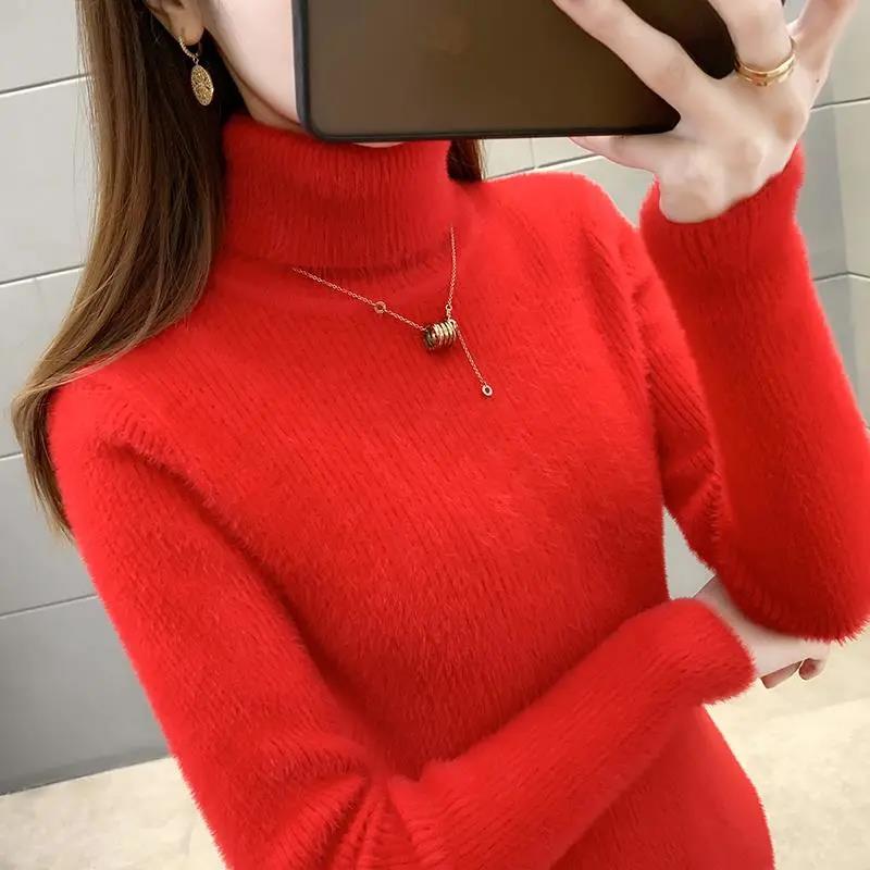 Imitation Mink Fleece Turtleneck Sweater Autumn and Winter Thickening Slim Fit Thin Knitted Sweater Women's Large Size Pullover