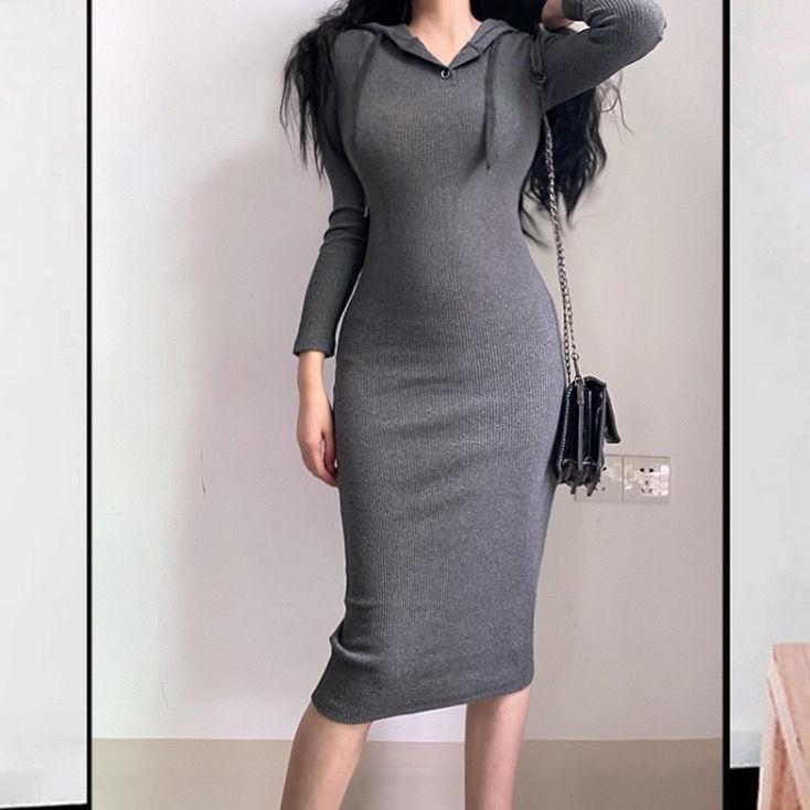 Feminine Slim Stretch Dress Sports and Leisure Show The Figure Sexy European and American Hooded Mid-length Bag Hip Dress