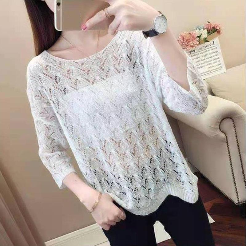 Women's Thin Hollow Knitted Sweater Three-quarter Sleeve Bottoming Shirt Loose Pullover Hollow Short-sleeved Sunscreen Top