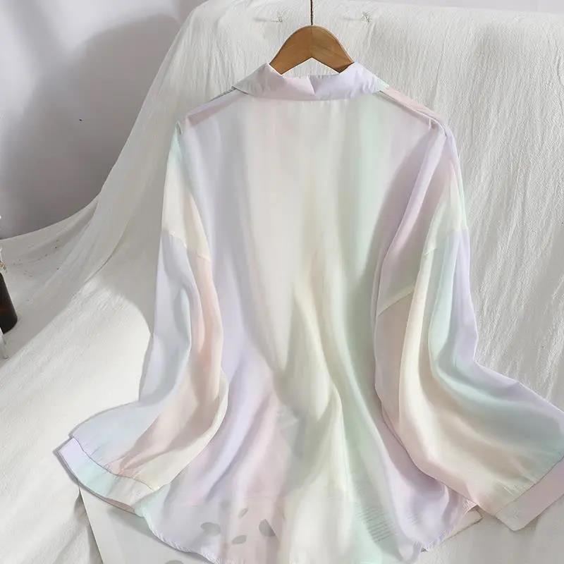 Gradient Chiffon Shirt Iridescent Button-up Shirt Mid Length Thin Coat Women's Sun Protection Shirts