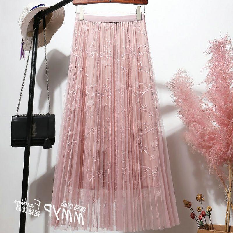 Summer Midi Mesh Skirt Women Elastic Empire Pleated Skirt Chic Long Tulle Ins Tutu Skirt Femme