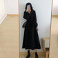 Black Corduroy Dress Female Autumn Winter Retro Long-sleeved Long Section Knee-length Temperament V-neck Black Dress