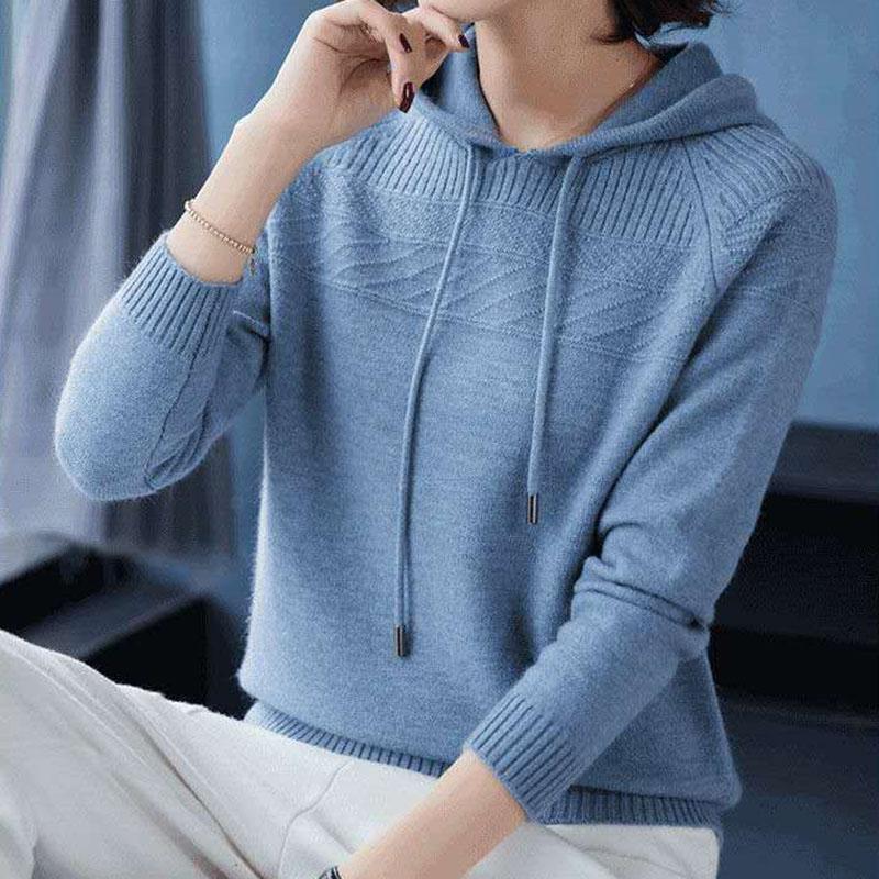 Autumn and Winter Loose Hooded Sweater Knitted Casual Solid Color Sweater Fashion Simple Female Sweater