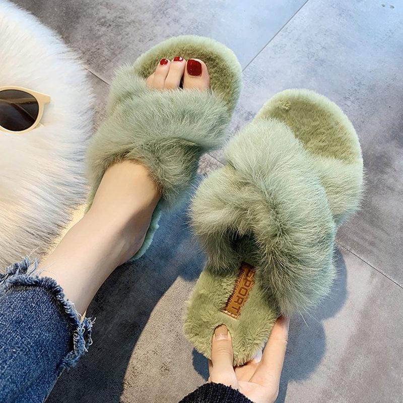 Outer Wear Fur Slippers Woman Made Rabbit Fur Cross Cotton Mop Home Warmth Cotton Mop Cute Warm Breathable and Comfortable