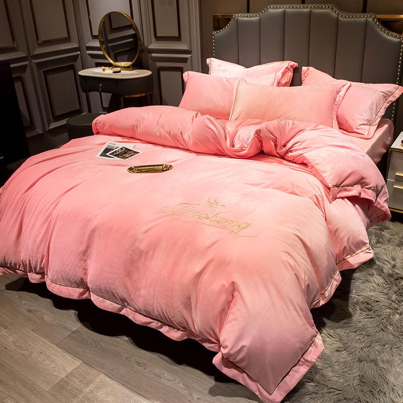4pcs Bedding Set Winter Cotton Solid Color Plush Fleece Bed Sheet Quilt Cover Pillowcase Set