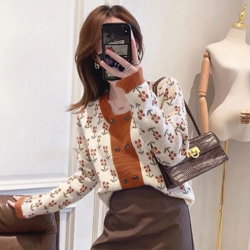 2021 Spring and Autumn Women's New Cardigan Korean Fashion Double-breasted Jacquard Contrast Color Women's Long-sleeved Sweater