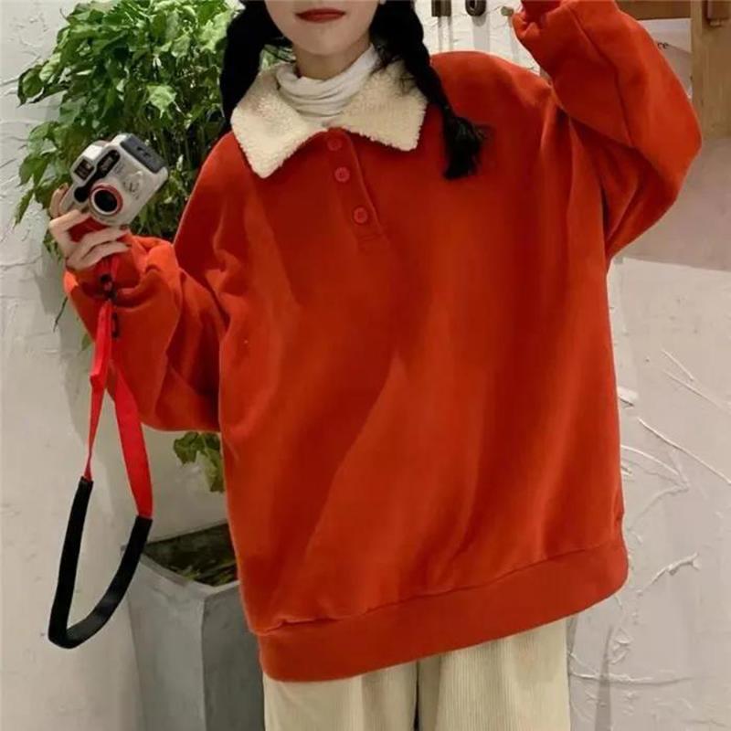 Autumn and Winter Loose Warm Pullover Sweater Women's Color Matching Polo Collar Jacket Jacket All-match Simple and Comfortable