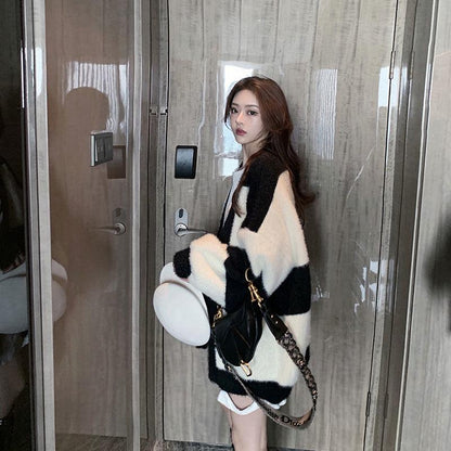 Autumn and Winter Fashion Sweater Loose Casual Striped Jacket Cardigan Knitted Young Women's Top