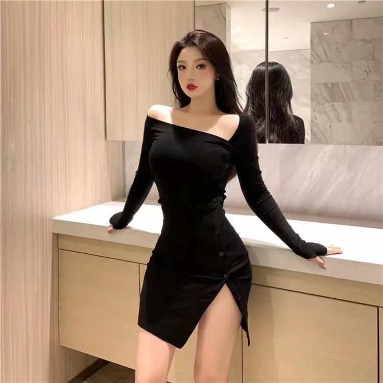 Sexy Oblique Shoulder Irregular Waist Slimming Split Split Dress Female Net Red Envelope Hip Skirt