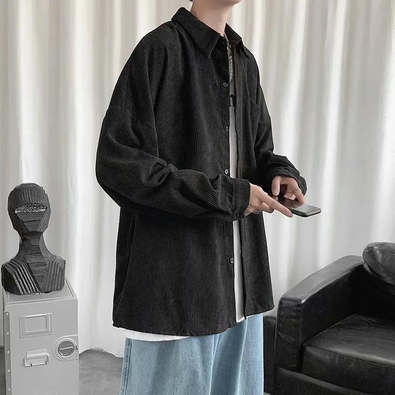 Men's Warm Corduroy Long Sleeve Shirt Men's Loose Retro Casual Shirt Tide Brand Loose Undershirt Black Jacket