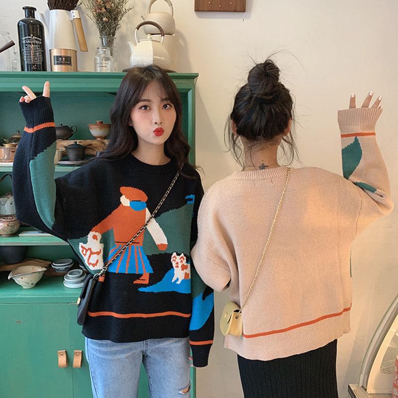 Vintage Autumn Winter Women Cartoon  Printed Sweater Student Loose Casual Pullover Sweater All-match Knitwear Coat Outer Wear