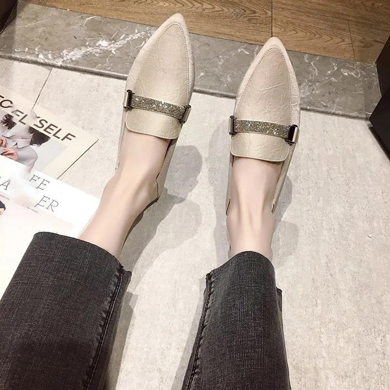 Pointed Shallow Mouth Rhinestone Belt Two Wear Single Shoes Women's Shoes Black Professional Work Shoes Low Heel Leather Shoes