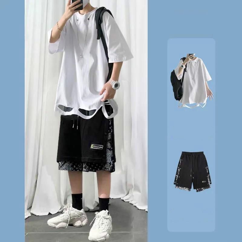 Summer Ruffian Handsome Fried Street Short-sleeved Shorts Suit Male Trend Handsome A Suit of Clothes Student Loose Five-point Sleeve T-shirt