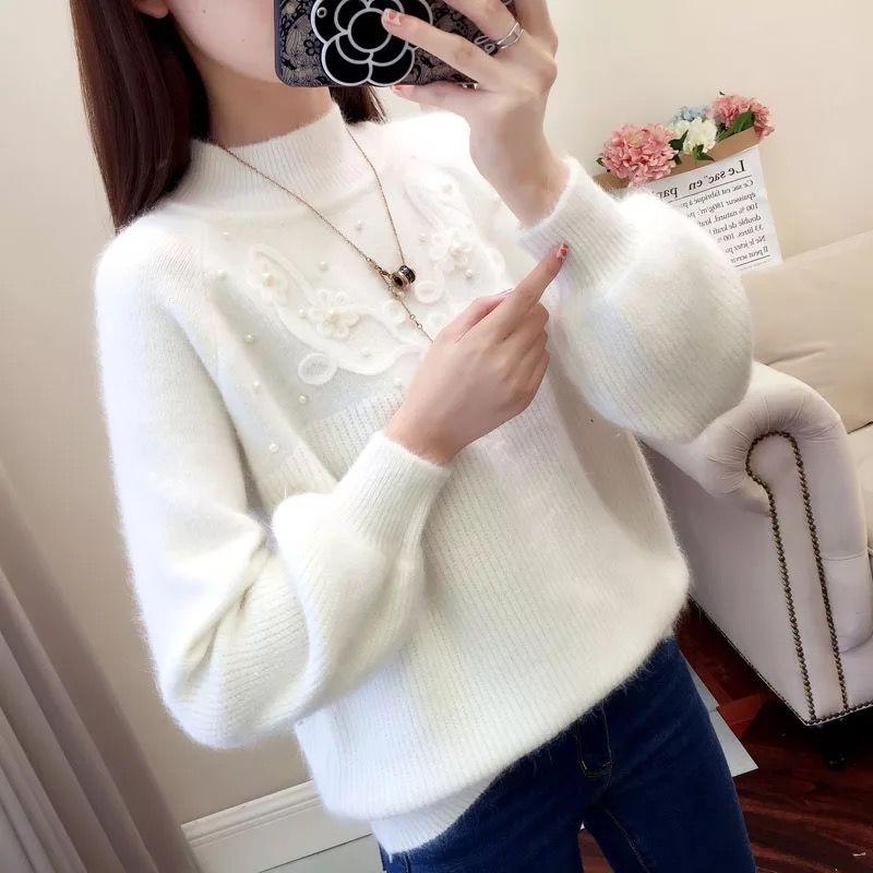 Women Half Turtleneck Short Pearl Pullover Sweater Office Loose Thicken Bottoming Shirt