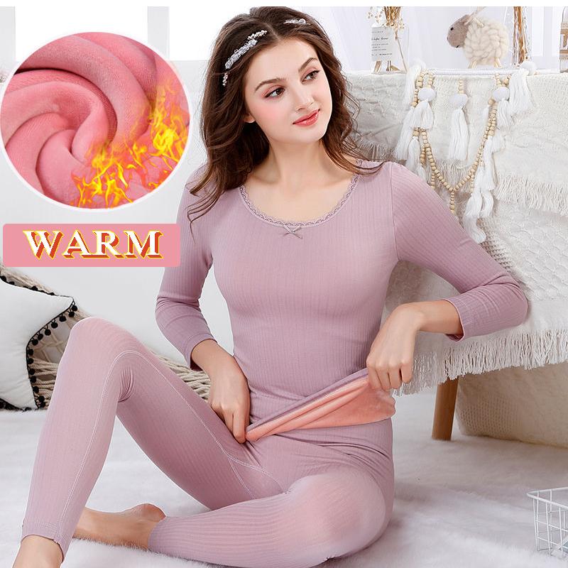 Winter Thermal Underwear Women Thickening and Velvet Tight-fitting Body Autumn Clothes Long-length Pants Suit Bottoming Cotton Sweater
