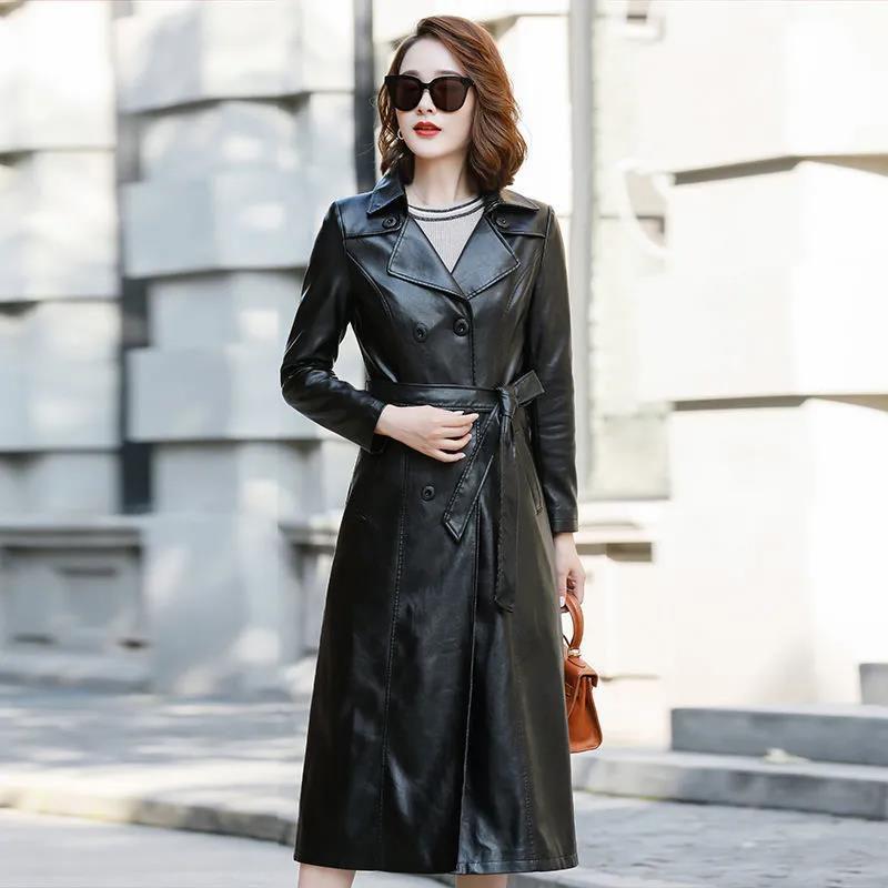 Winter Women's Leather Jacket Fashion Waist Mid-length Leather Jacket Plus Cotton Thicker PU Leather Large Size Leather Jacket