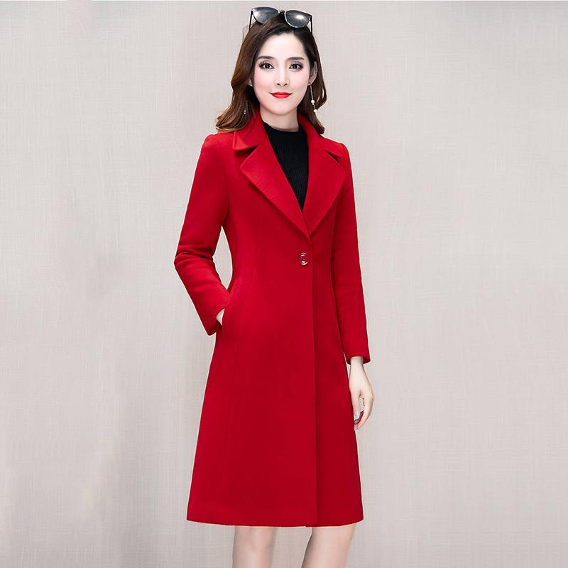 Female Overcoat  Autumn Winter Solied Long Sleeve Long Christmas Clothes Blends Woolen Jacket