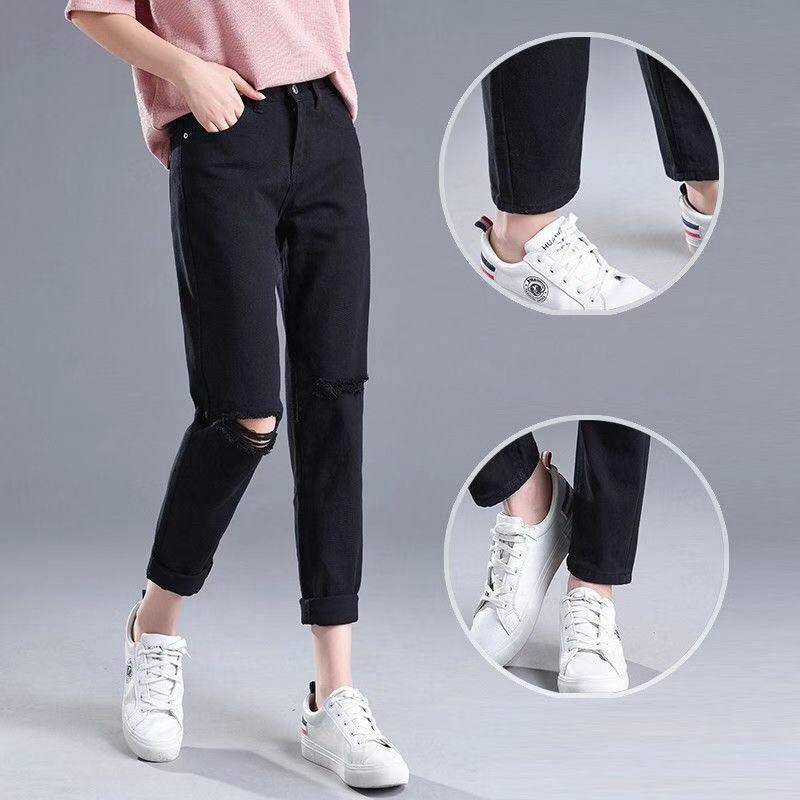 WTEMPO Straight Elastic Hole Jeans Women's Korean Jeans Casual Straight Pants Summer Women