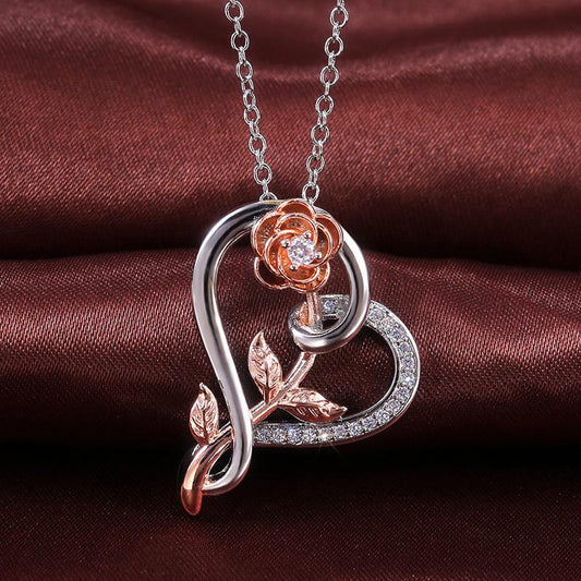 Luxury Rose and Heart Shaped Pendant Necklace Zircon Floral Pendant Silver Fine Necklace for Women Gift Jewelry