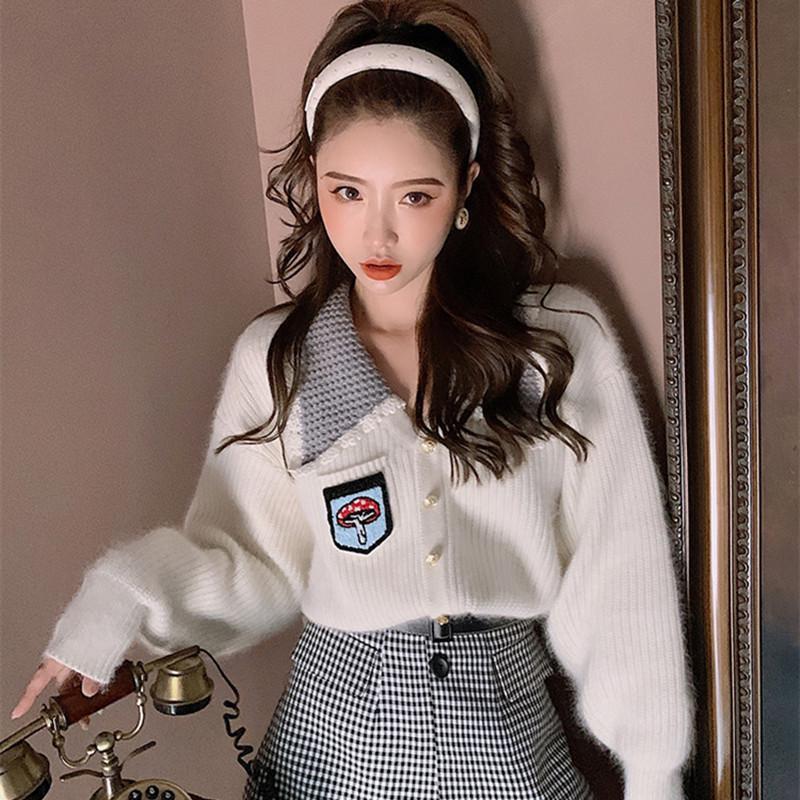 Solid Color Mushroom Pattern Outer Sweater Women Spring and Autumn Loose Long-sleeved Cardigan Fashion Knitted Top