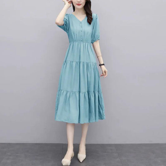 Female Vintage High Waist Holiday Long Dress Elegant Slim Chiffon Casual V-neck Solid Color Dress