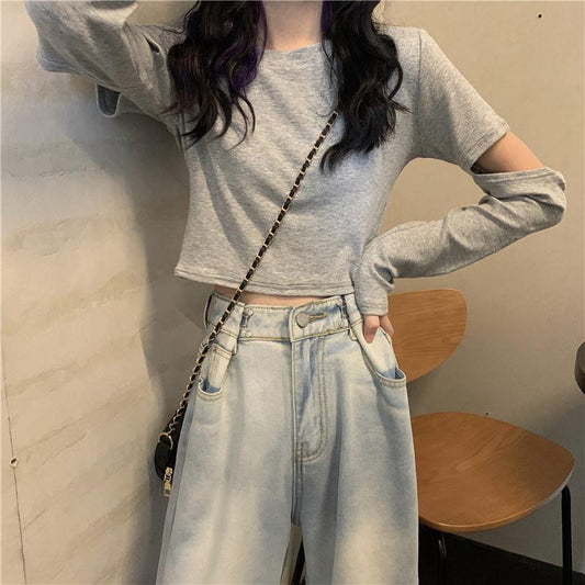 Off Shoulder T Shirt Casual Loose Clothes Tops Pure color Leisure Long Women pullover