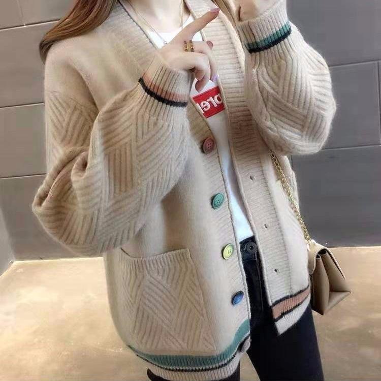 Autumn and Winter Sweater Coat Loose V-neck Cardigan Sweater Knitted Sweater Women Short Sweater