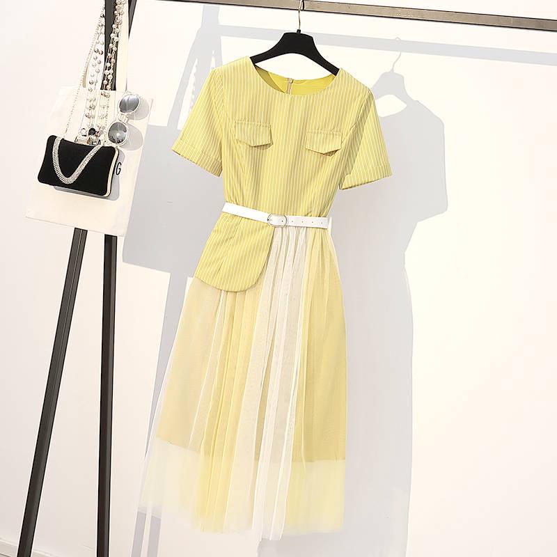 Pofulove Summer Plus Size Dress Female Slim Mesh Stitching Dress with Belt Long Maxi Dress Party