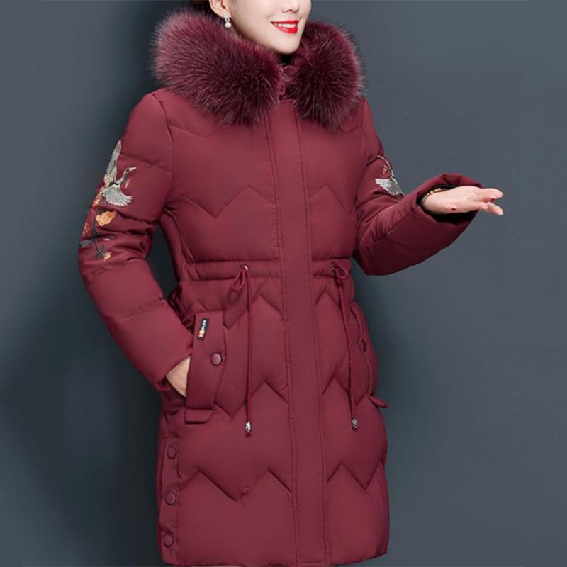 Women's Solid Color  Down Jacket Mid-length Korean Style Loose Thick Coat Warm Cotton Coat Large Fur Collar Winter Quilted Jacket
