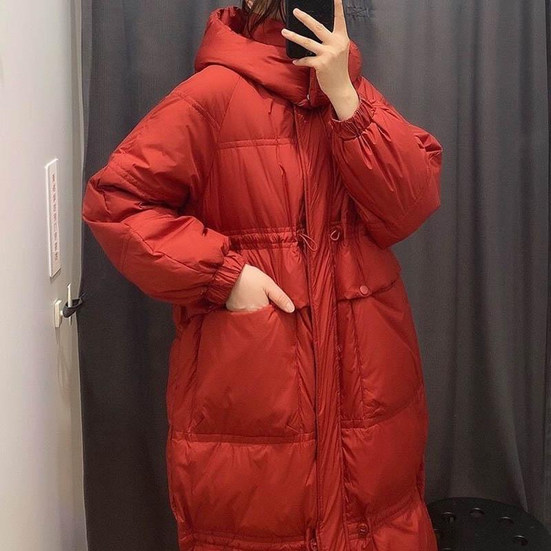 Women's Down Jacket Over-the-knee White Duck Down Mid-length Padded Waist Hooded Jacket