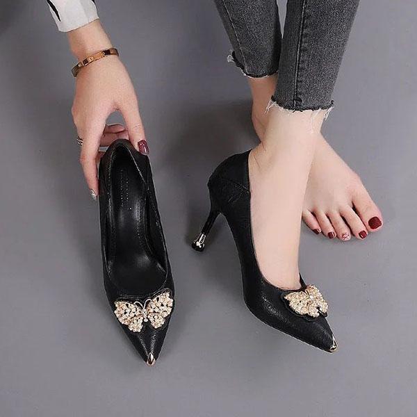 Women's Spring and Summer Soft Leather High Heels Genuine Leather Stiletto Shoes Rhinestone Butterfly Shoes for Office Ladies