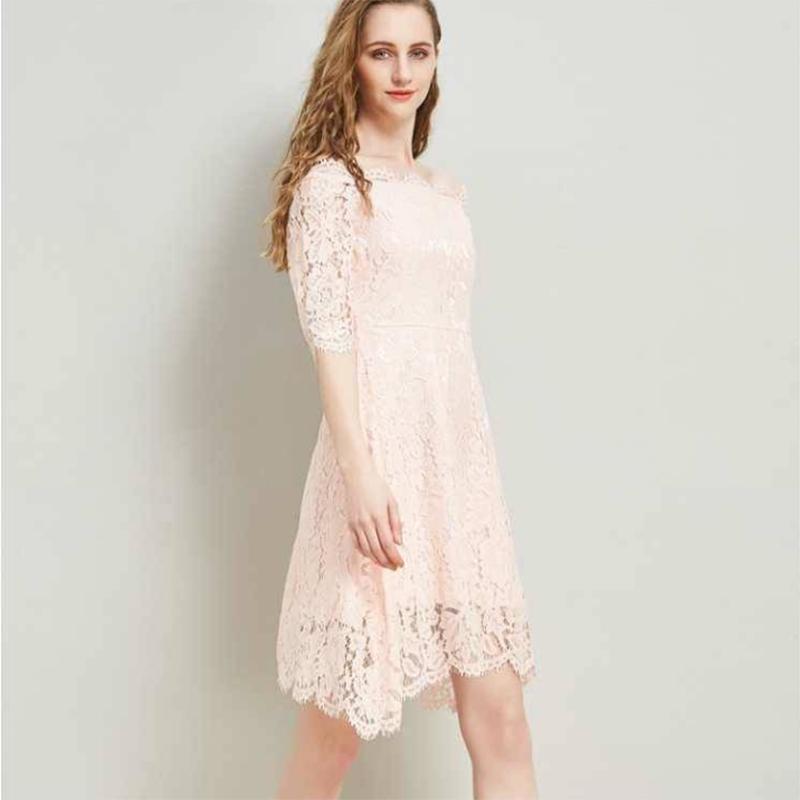 Fashion Summer Off-shoulder Sexy Slash Neck Red Lace Dress Knee-length Asymmetrical Party Dress