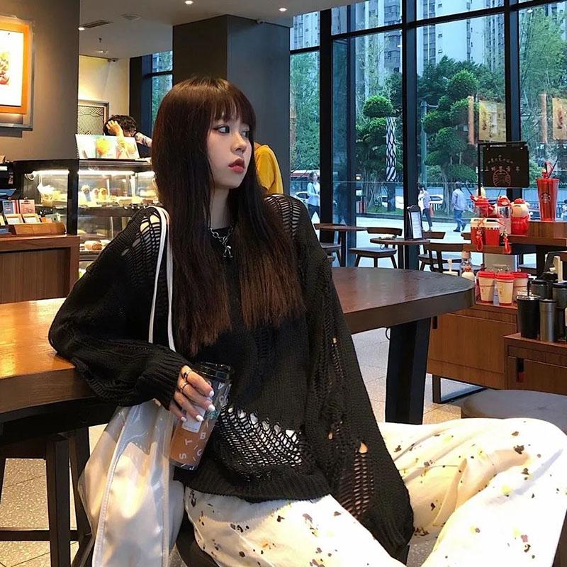 Gothic Punk Hole Sweaters Women  Streetwear Harajuku Sweaters Hollow Out Broken Knitted Jumper Woman Pullover Sweater